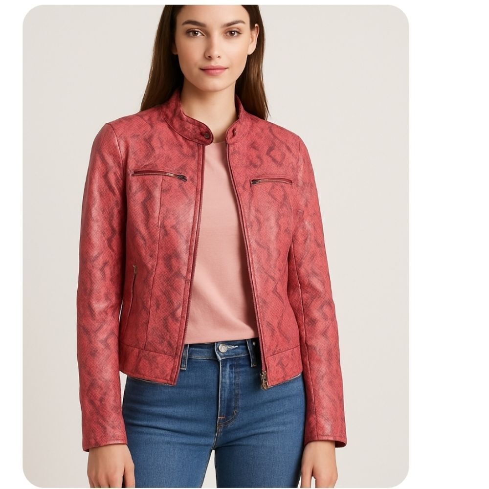 Alfani Leather Pink and Gray Snakeskin Print Moto Jacket - Size Small